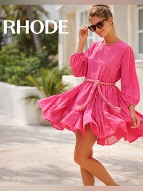 RHODE,Ella Mini Dress Prism Pink Cotton Trapeze Swing Godet Resort Vaca, Size M